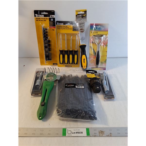 NOS (1) Pkg. Cable Ties,Stubby Metric Hex Set,Precision Pick Set,Socket Adapter and more in pictures