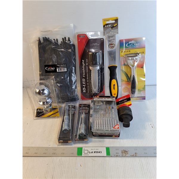 NOS (1) 100 Pc.Cable Ties,89 Pc. Rotary Bit Set,LED Flashlight,Trailer Hitch Ball and more as pictur