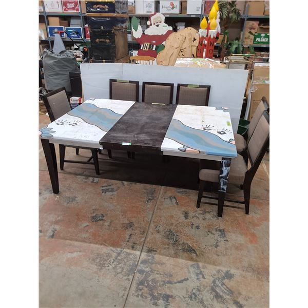 * Wooden 'Hand-Painted' Dining Table w/6 Dining Chairs - 78.5x34x30.5" w/Leaf in - Pickup Only