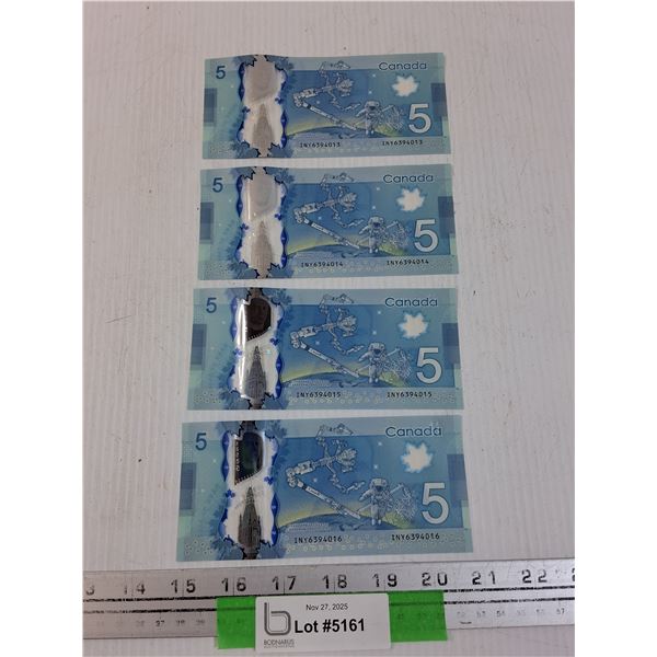 (4) Canadian Five Dollar Bills in Sequential Order - 2013 Issue Year