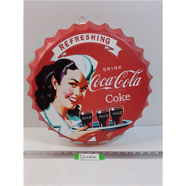Coca Cola Metal Bottle Cap Sign - 16" Diameter