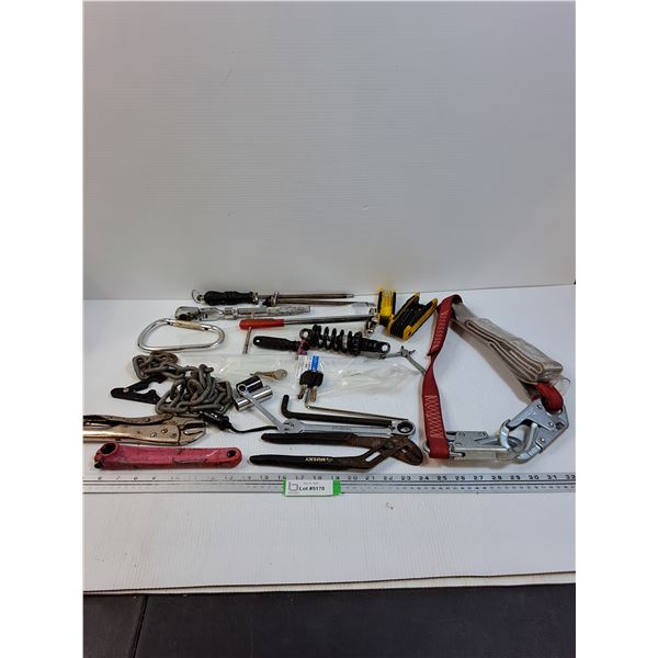 Lot: Tools, Fall Protection Clasp, Pilers, Chain, Misc