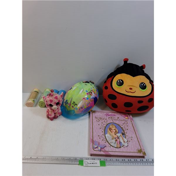 Lot: Children's Lady Bug Stuffy, Bicycle Helmet, Barbie Storybook, (4) Garbage Bags