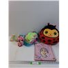 Image 1 : Lot: Children's Lady Bug Stuffy, Bicycle Helmet, Barbie Storybook, (4) Garbage Bags