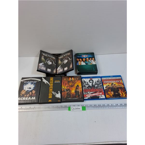 (8) DVDS/Blu-rays: ER, Haunting, Scream, Mummy, Expendables