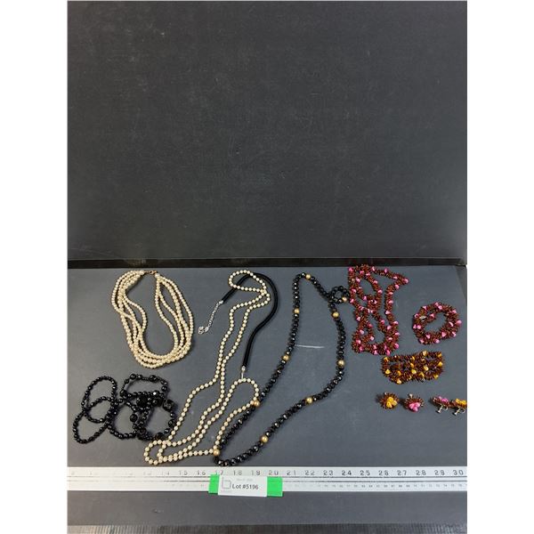 Costume Jewelry Lot: Vintage Clip on Earrings Set, Bracelets & Necklaces