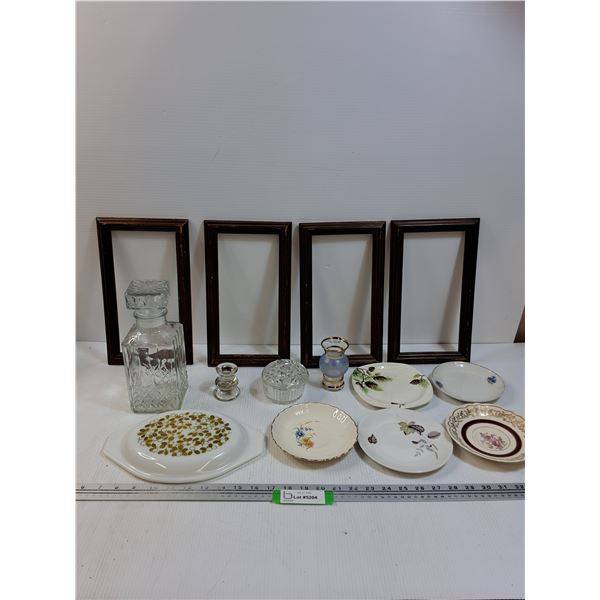 (4) Wooden Picture Frames, Glass Decanter, PYREX Olive Pattern Lid, (4) Saucers, Candy Dish, Candle 