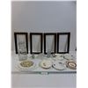 Image 1 : (4) Wooden Picture Frames, Glass Decanter, PYREX Olive Pattern Lid, (4) Saucers, Candy Dish, Candle 