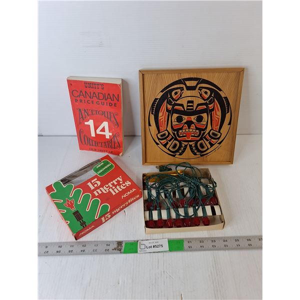 String of Lights- Powers On, Antiques Price Guide Book-1991, Indigenous Wood Art 9.75"