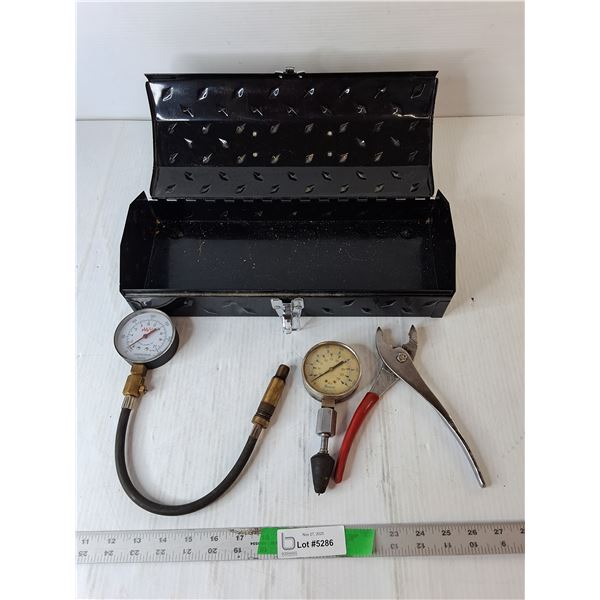 (2) Compressor Tester Gauges, Pliers & Metal Toolbox 15" Long