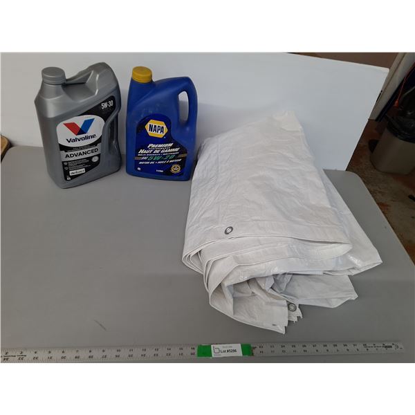 SAE 5W 20- 1/3 Full & 5W 30- 1/2 Full Motor Oil & Tarp Approx. 43" x 112"- Cannot Ship