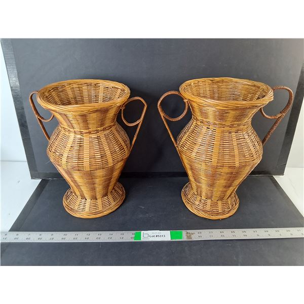 (2) Double Handled Wicker Vases 12" Tall