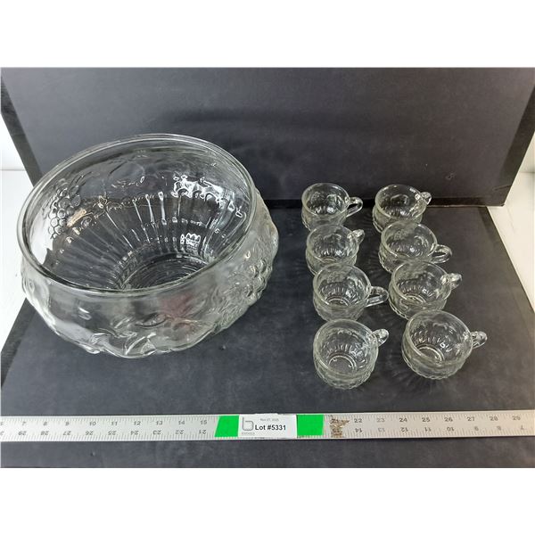 Glass Punch Bowl 10" Diameter & (8) Glasses