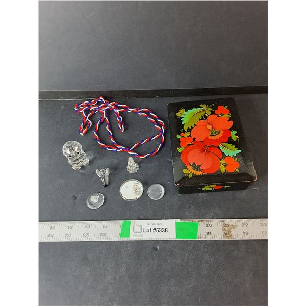 Painted Wood Storage Box, Paperweights & Necklace- As Is