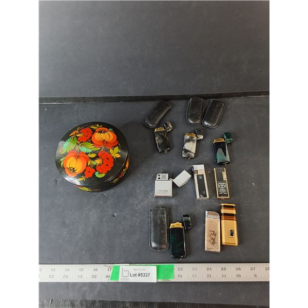 Painted Wood Storage Box & Miscellaneous Lighters- As Is