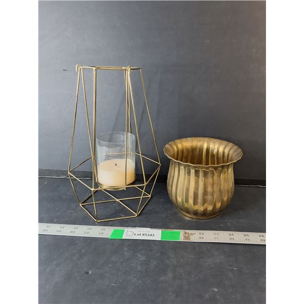 Hanging Candleholder 11"& Brass Planter