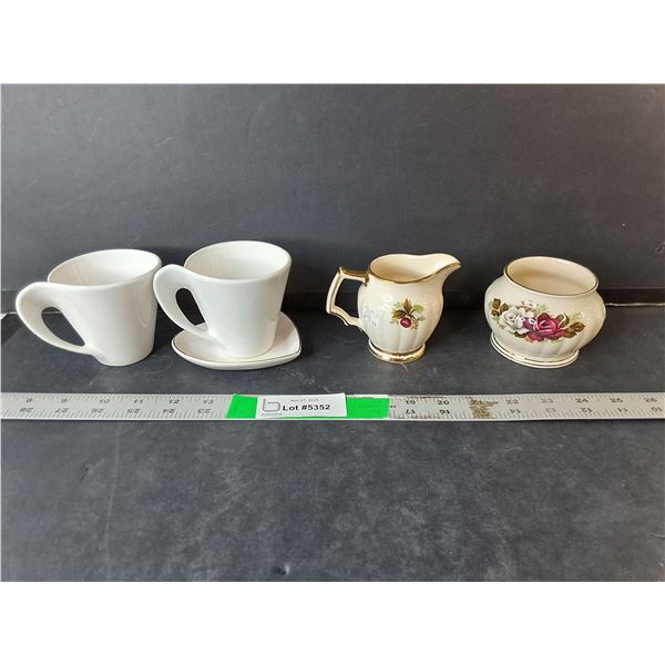 (2) White Swerve Cappucino Cups, Creamer, Sugar Bowl