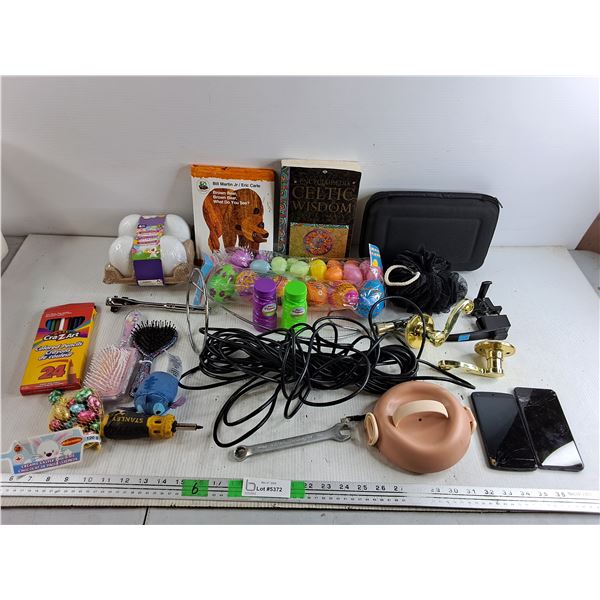 Ethernet Cable, Ratchet Wrench, 14mm Wrench, Hair Brushes, Easter Eggs, Bubbles, Misc