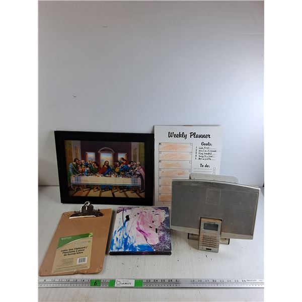 Framed The Last Supper Wall Art 17" x 14", Weekly Planer Board, Clipboard, Koss Mini HiFi System