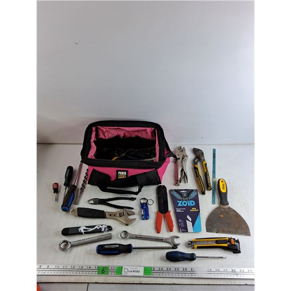 Vise Grips, Small Power Fist Tool Bag, Wire Strippers, Box Cutter, Screwdrivers, Wrenches, Misc