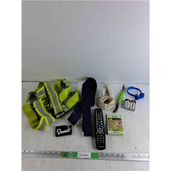 Reflective Vest, Extension Cord, Various Herb & Vegetable Seeds, Samsung Remote, Misc