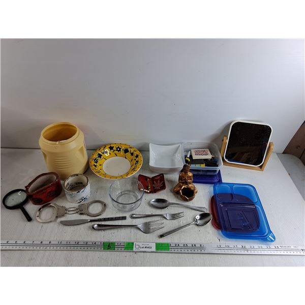 Handcuffs, Ceramic Bowl, Buddha Candle Holder, Cutlery, Magnifying Glass, MakeUp Mirror, Misc