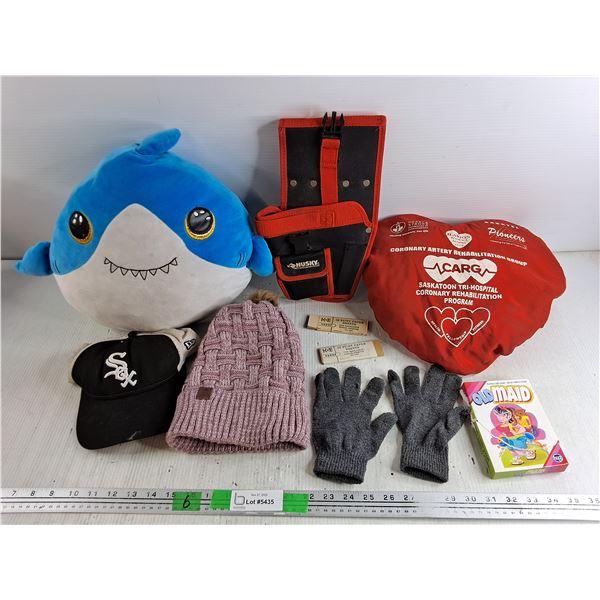 Shark Pillow, Husky Carpenters Tool Holder, Winter Hat, Gloves, Flint Paper Sheets, Misc
