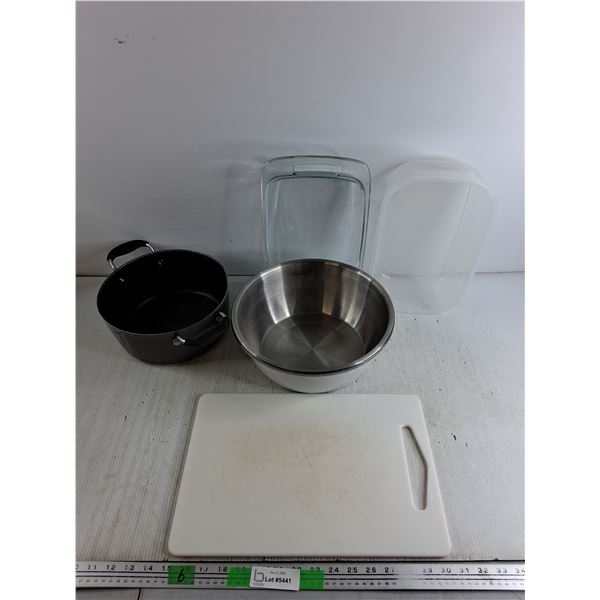 Cooking Pot, Plastic Cutting Board, Pyrex Glass Baking Dish, Metal Bowl 12", Misc