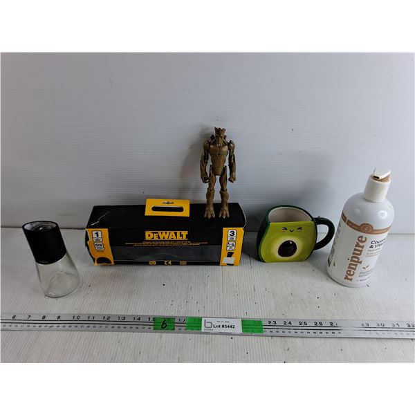 Groot Action Figure, DeWalt Work Sock & Knitted Hat Set, Ceramic Avocado Mug, Renpure Body Lotion