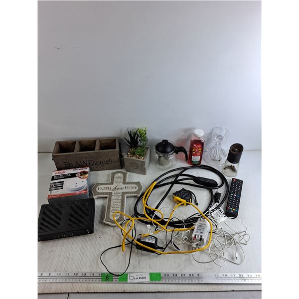 Tape Measure, Hummingbird Nectar, Pepper Grinder, Actiontec WiFi Router, Wall Cross, Smoke Alarm