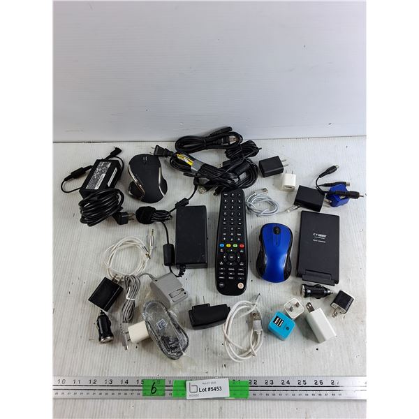 Blackweb Cordless Mouse, TV Remote, Power Blocks, 12V USB Adapter, Various Charging Cables, Remote