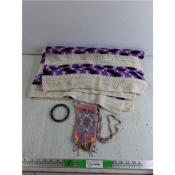 Beaded Bag & Bracelet, Knitted Child's Blanket 45" x 39"