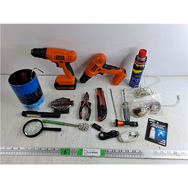 Black & Decker 20V Cordless Drills - Powers On, As Is, Telescopic Back Scratcher, Box Cutter, Pliers