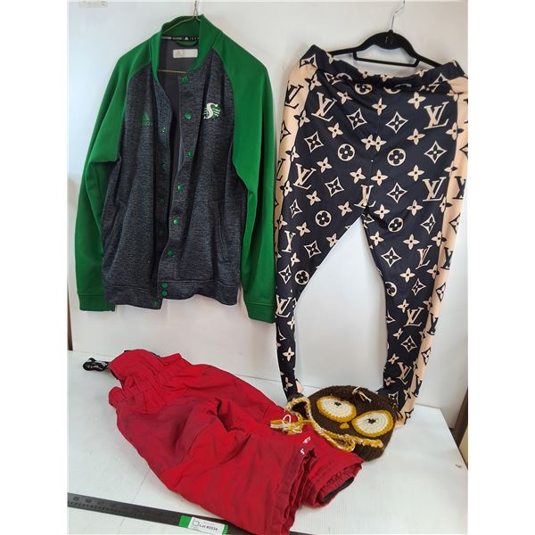 Gusti Kids Ski Overalls- Size 4, Owl Toque, Adidas Roughriders Sweater - S,  Womens Leggings- XXL