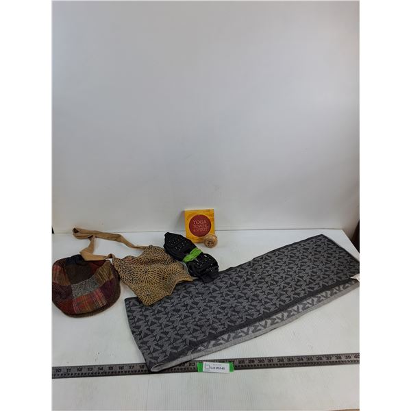 Irish Wool Patchwork Flat Cap, Walk Traction Cleats, Scarf,  Woven Bag, Yoga Power & Spirit Book