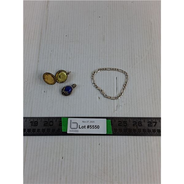 Lapis Lazuli & Sterling Silver Pendant, Sterling Silver Figaro Link Bracelet - Cannot Authenticate
