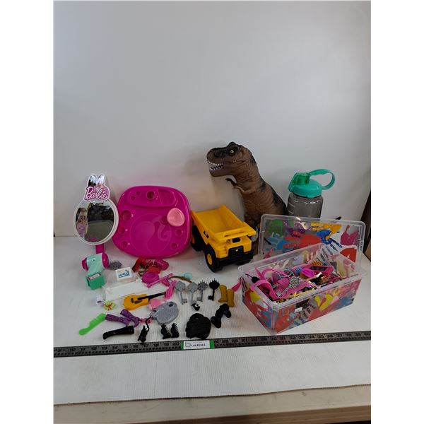 Plastic CAT Dump Truck, Rubber T-rex, Barbie Mirror & Accessories, OuiFit 2000ml Water Bottle