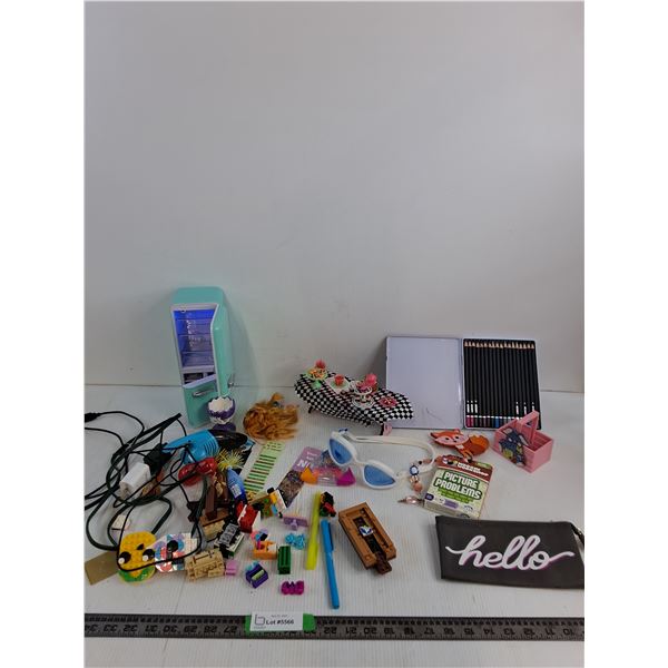 MiniVerse UV Fridge, Toy Picnic Table Set Up, 18 Colored Pencils, Book Marks, Misc