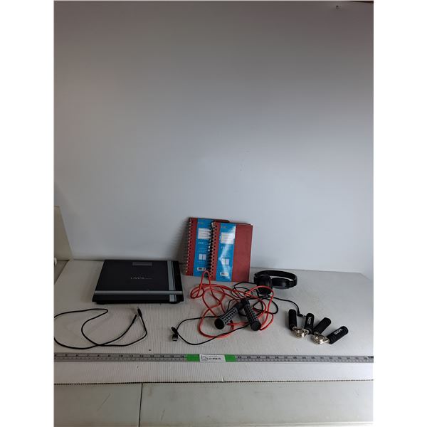 Digital Scale, (2) Cashiers Notebooks, Sony Headphones, Type-C Charing Cord, Skipping Rope, Misc