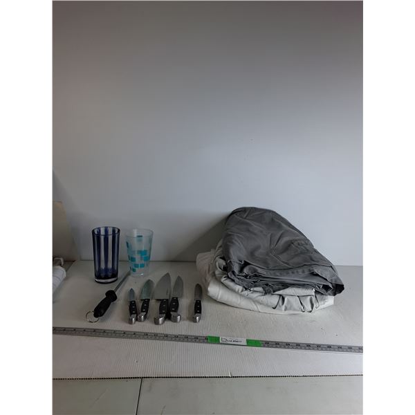 Flat Sheet ( Approx 100"x74"),(2)  Flat Sheet Grey (appears to be a double), Kitchen Knife Set,Misc