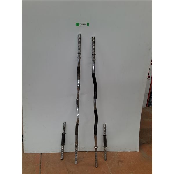* (2) Metal Threaded Dumbbell Handles 14", (2) Curved Barbells 4 ft- Cannot Ship