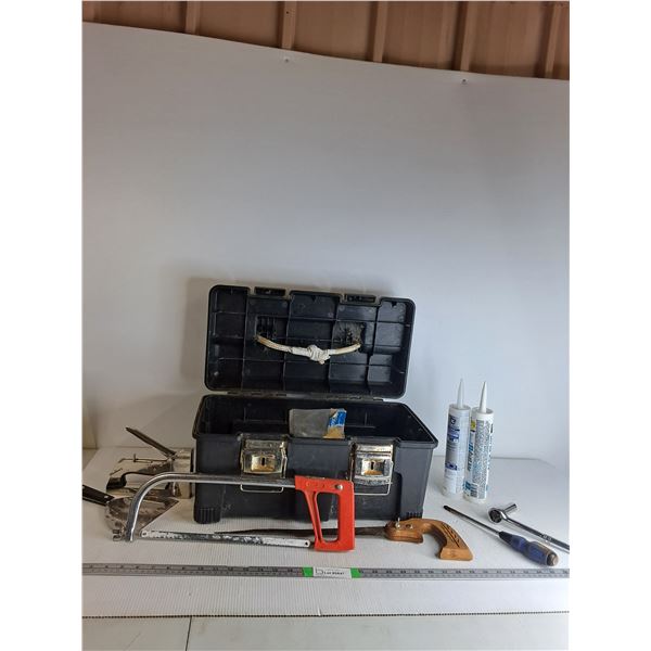 Black Tool Box (20"x10"x11") With Tools: Stapler, Drywall Scraper, Woodsaw, Misc- Cannot Ship