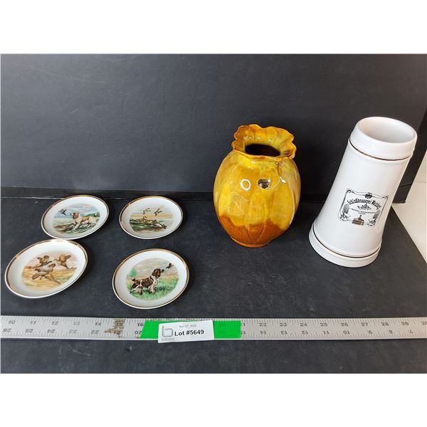 Ceramic Beer Stein 8", Vase & (4) Decorative Plates 4"