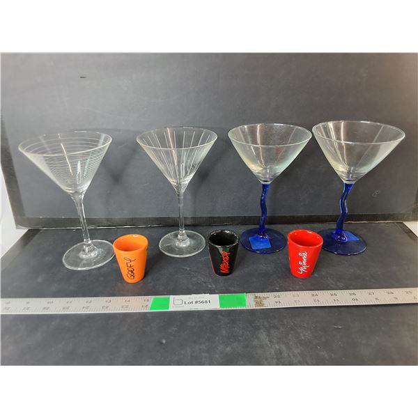 (3) Disney Shotglasses, (4) Martini Glasses
