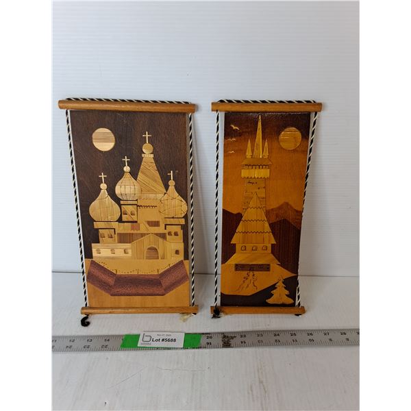 (2) Temple Style Pieces of Wooden Artwork Up to 13" x 6.75"