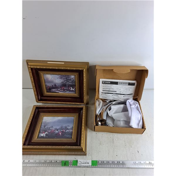 (2) Framed Wall Art Prints 13" x 11", Two Handle Roman Tub Faucet