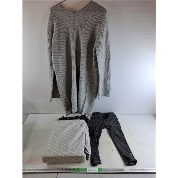 Knitted Sweater, Queen Size Bed Sheet, Kids Denim Jeans - Size S, Guess Purse - Cannot Authenticate
