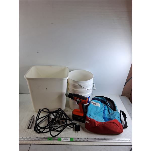 Black & Decker 18V Drill, Extension Cord, Schwans Backpack, Plastic Buckets, Trash Bin, Misc
