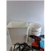Image 2 : Black & Decker 18V Drill, Extension Cord, Schwans Backpack, Plastic Buckets, Trash Bin, Misc