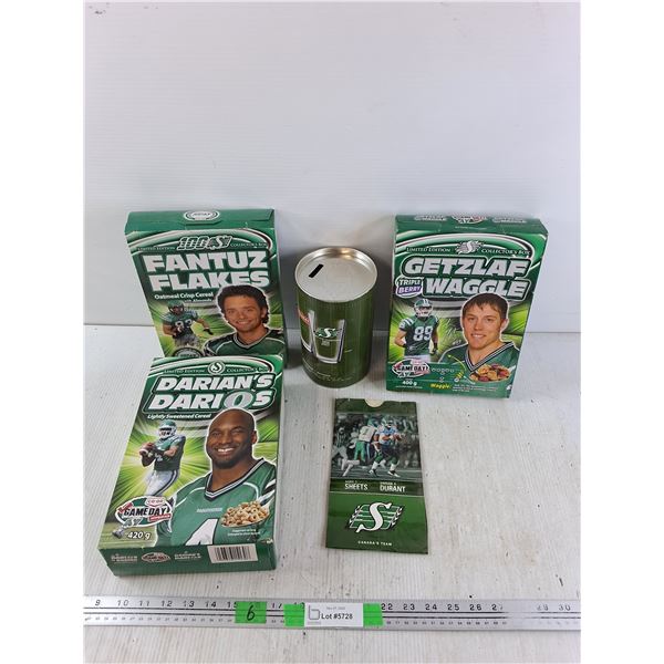 Saskatchewan Roughriders Collectors  Cereal - Sealed, Expired, Coin Bank, Popcorn Bag
